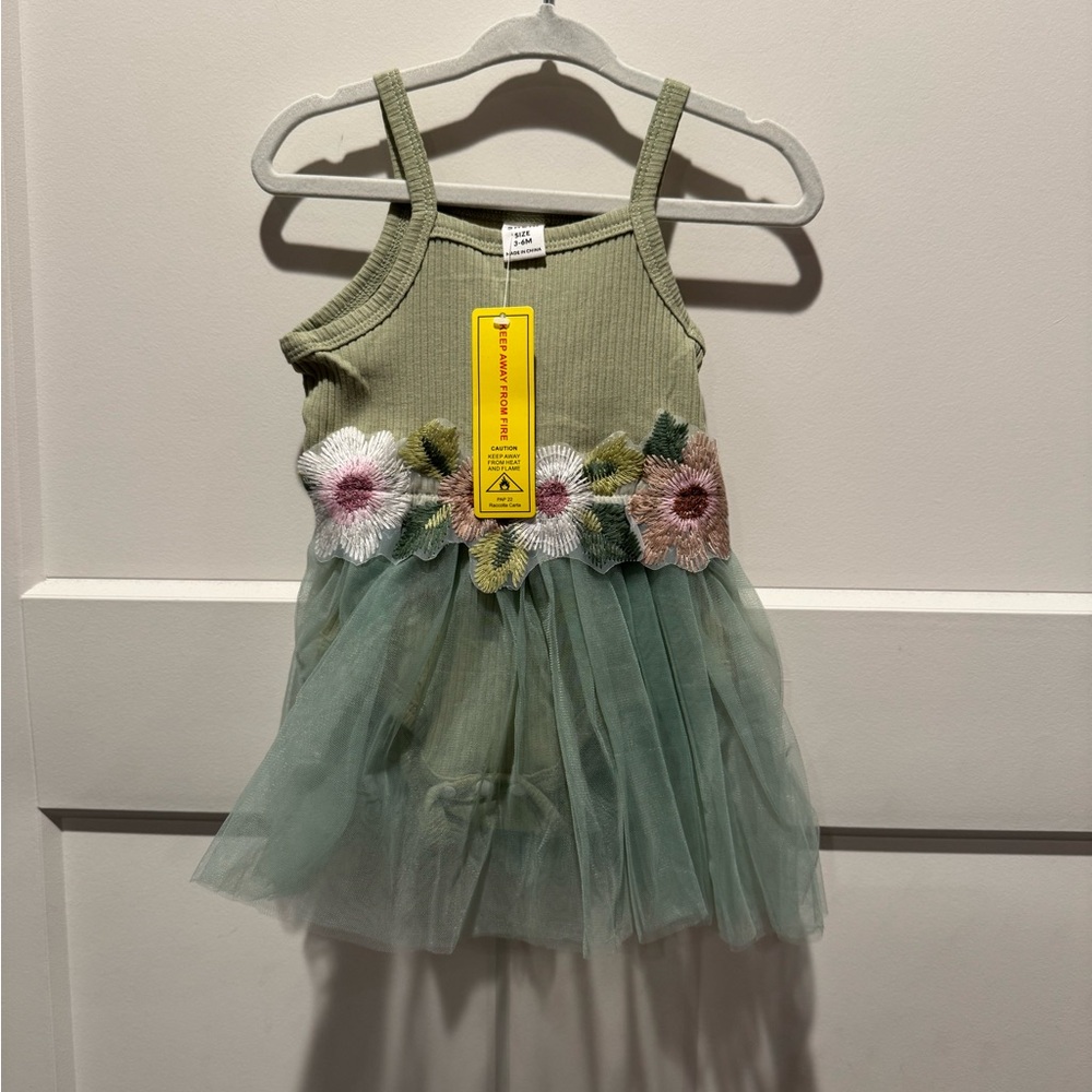 NWT Green Tulle Tank Dress with Floral Embellishment